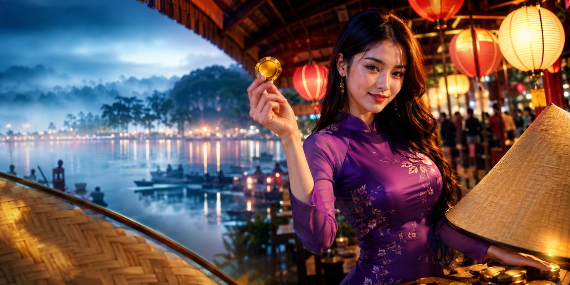 Người chơi bài tại Đà Lạt với chiếc nón lá truyền thống, sử dụng điện thoại để thực hiện giao dịch trực tuyến