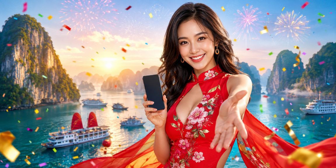 Người dùng vịnh Hạ Long thực hiện giao dịch tài chính qua điện thoại di động ngoài trời